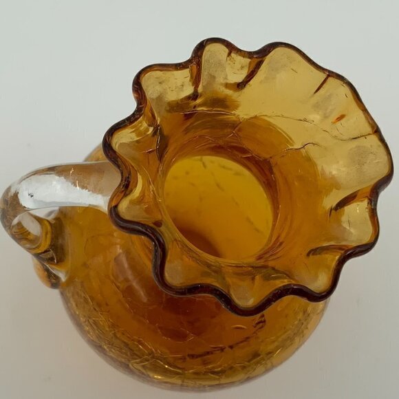 Vintage PILGRIM GLASS Ruffle Top AMBER Crackle 4.5” PITCHER Clear Handle - Picture 4 of 7